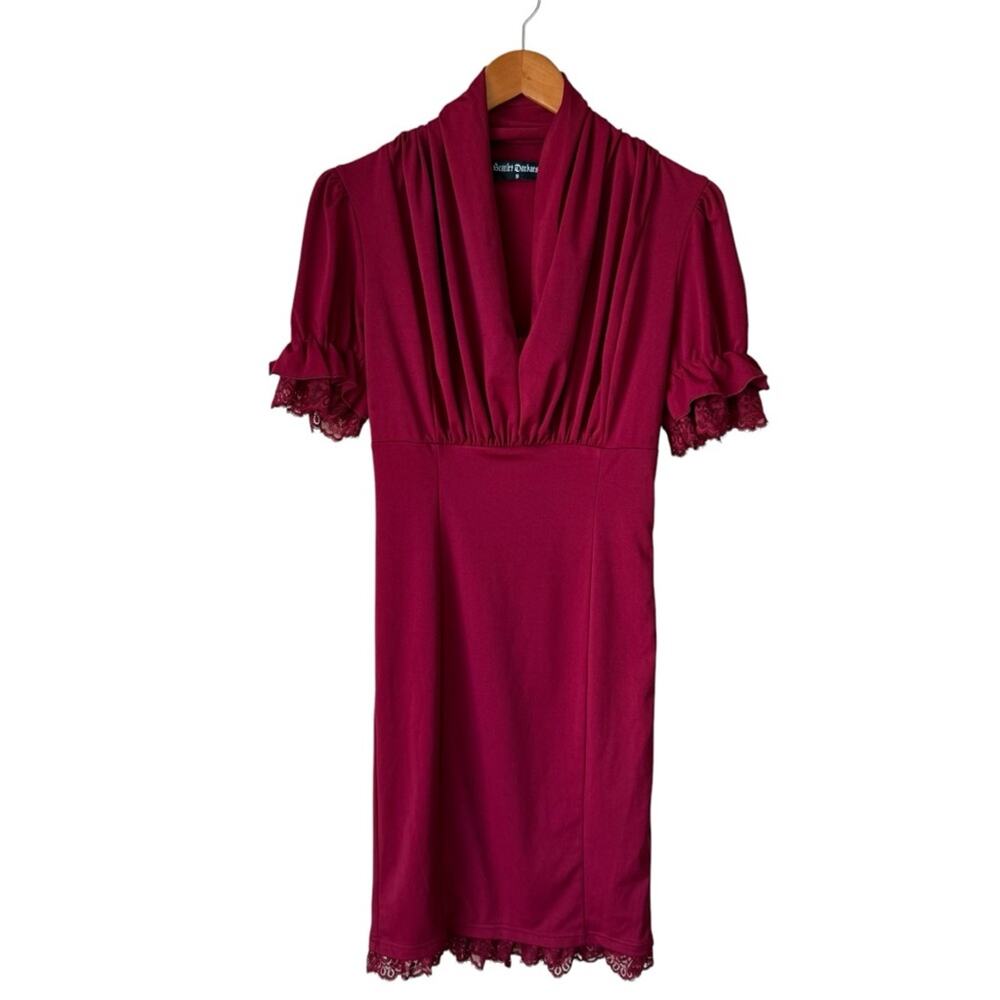 Scarlet Darkness Chic Red Pencil Dress with Lace Trim Size Small